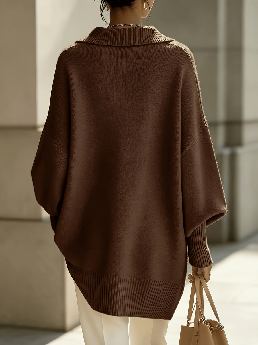 New Autumn/Winter French-Style Elegant Pullover, Polo Collar with V-Neckline, Batwing Sleeves and Drop Shoulder Design, Elegant, Comfortable, and Skin-Friendly, Women's Autumn/Winter Clothing, New Autumn Women's Style, Stylish Sweater, Popular Korean - Coffee Color