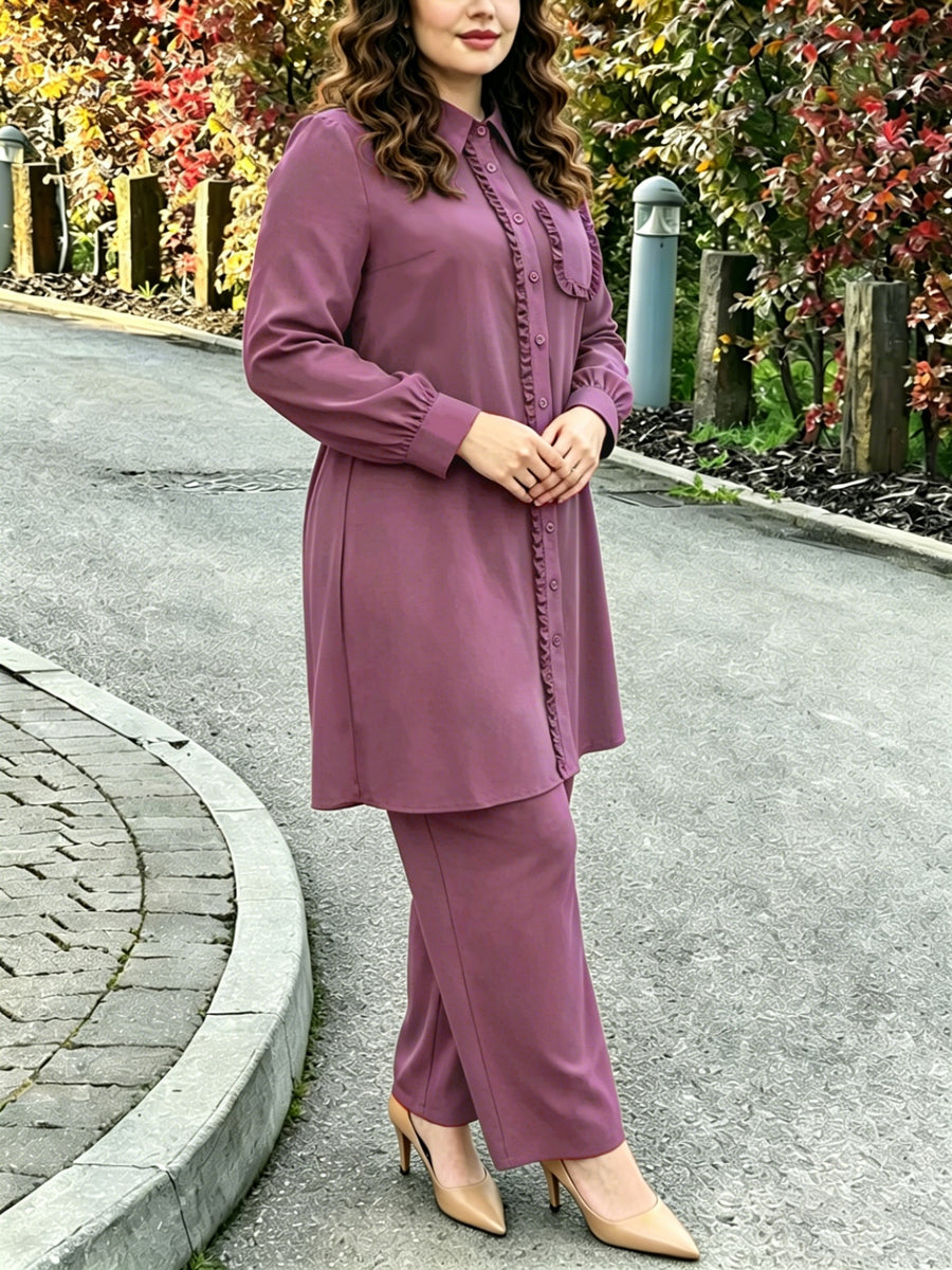Eid | Elegant Plain Fril Muslim 2pcs Jalabiya Set | Elegant Abaya Women Modest with Pocket & Placket Ruffle Trim + Loose Wide-Leg Pants | Daily Home Leisure Commute Wear - Rose Red