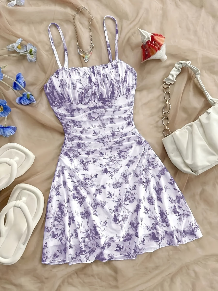Women'S New Floral Print Halter Dress, Fashionable And Elegant, All-Season Wear - Lavender