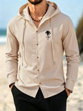 Men's Coconut Tree Print Hooded Long-Sleeve Shirt, Slightly Wrinkled Textured Casual Button-Up Cardigan, Summer Lightweight Breathable Vacation Top, Hawaiian Beach Jacket, Shirt Style + Hood with Drawstring, Suitable for Beach Trips, City Strolls - Khaki
