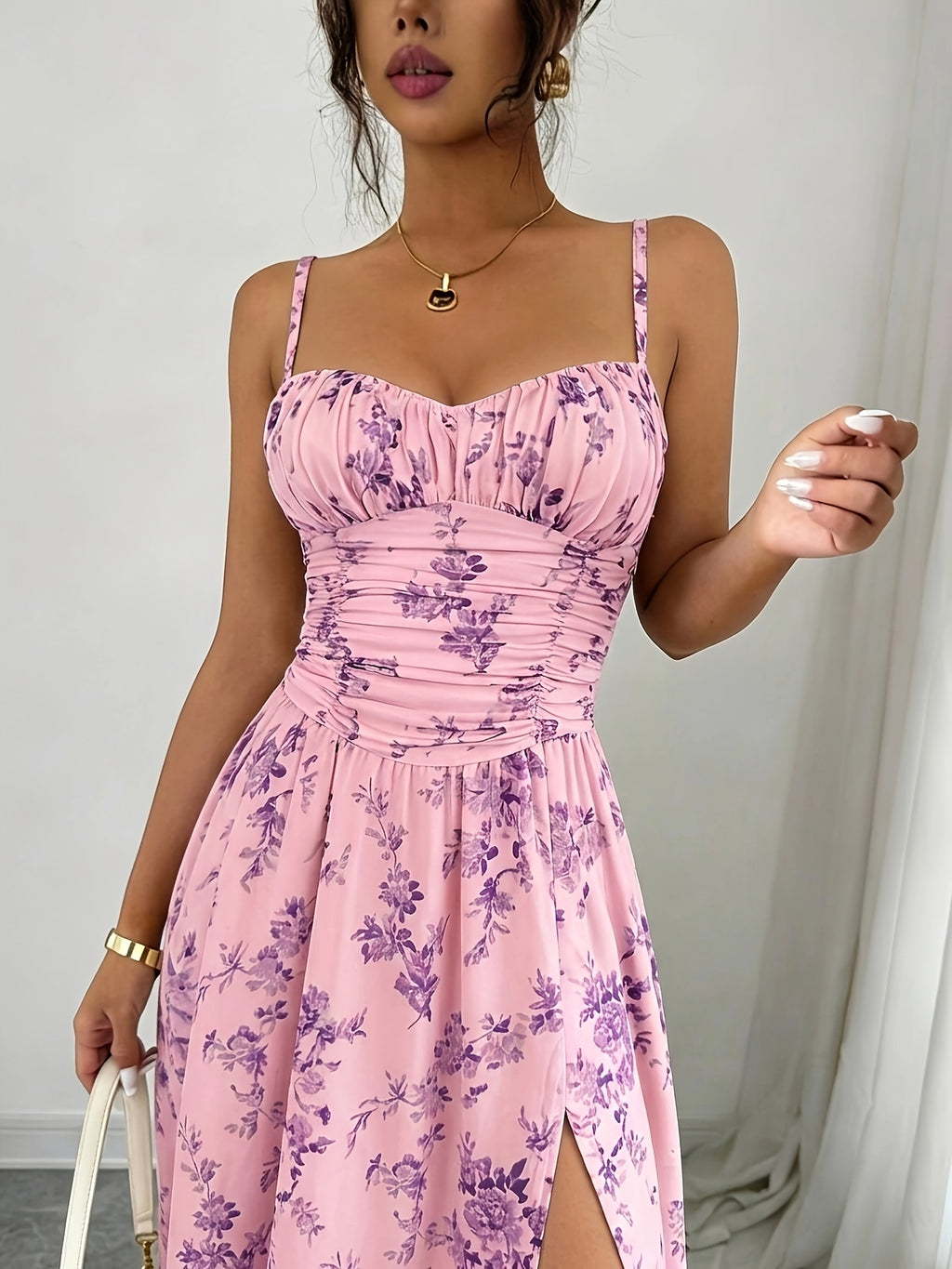 Elegant Printed Bohemian-style High-slit Zipper Dress for Women, Suitable for Weddings, Spring/summer Vacations, and Other Occasions, Elegant and Charming - Pink