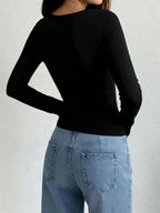 Women'S Solid Slim Fit Round Neck Long Sleeve T-Shirt - Black