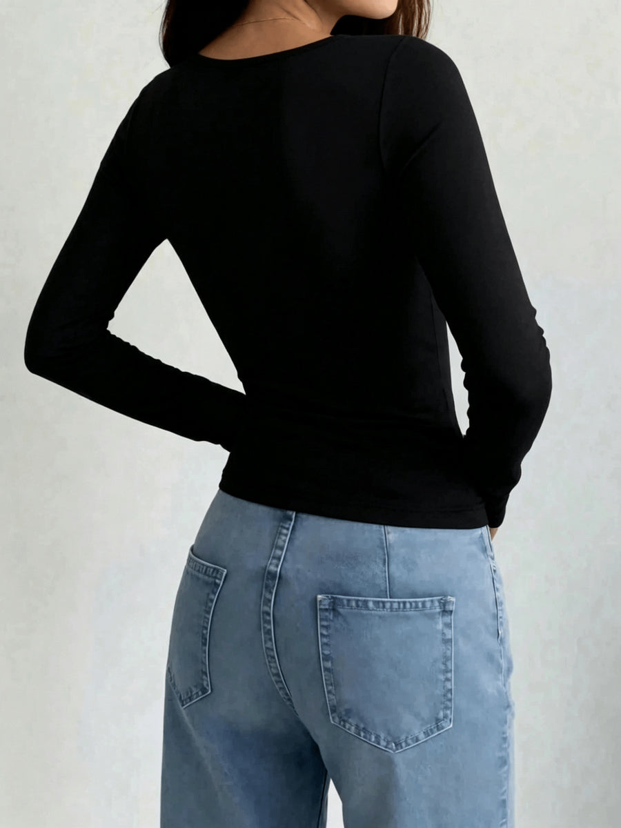 Women'S Solid Slim Fit Round Neck Long Sleeve T-Shirt - Black