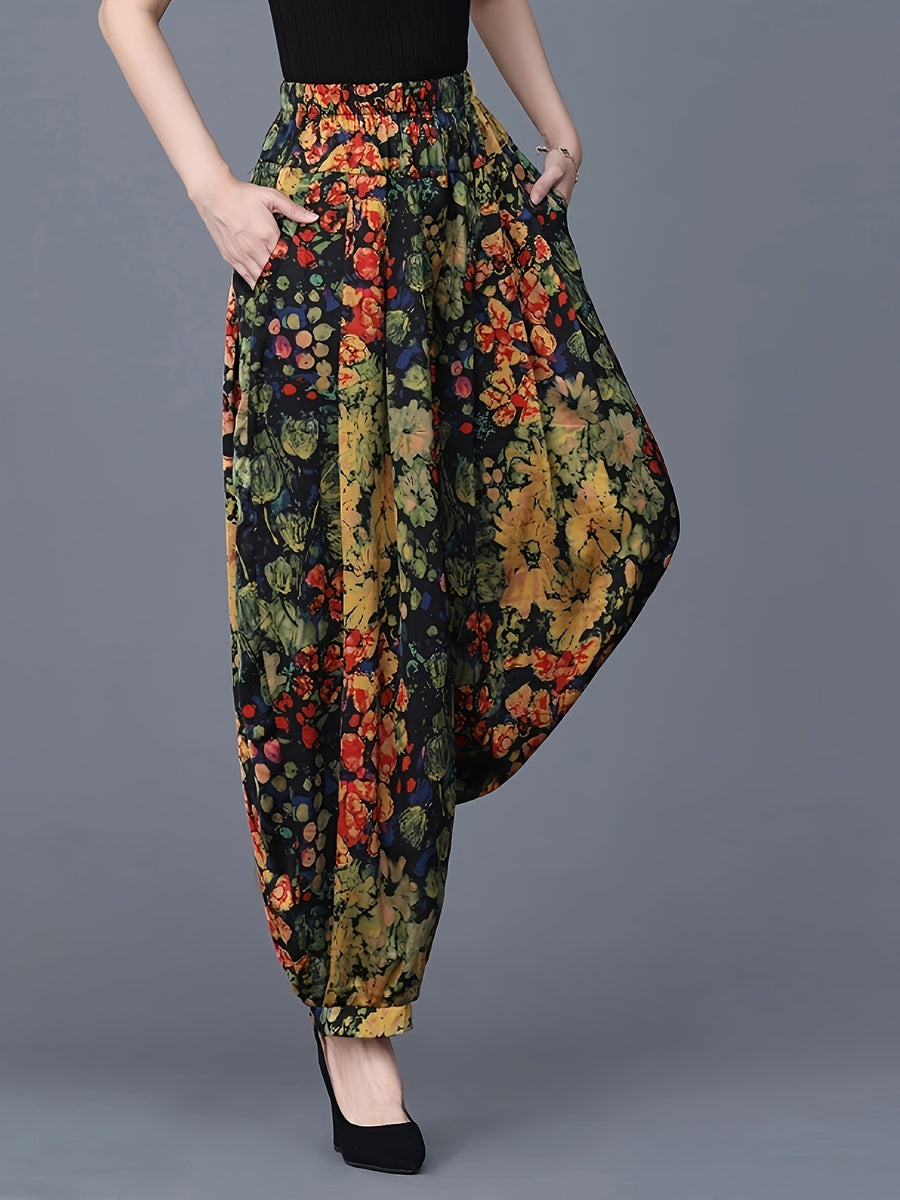 Elastic Waist Printed High Waist Wide Leg Pants - Yellow Flower