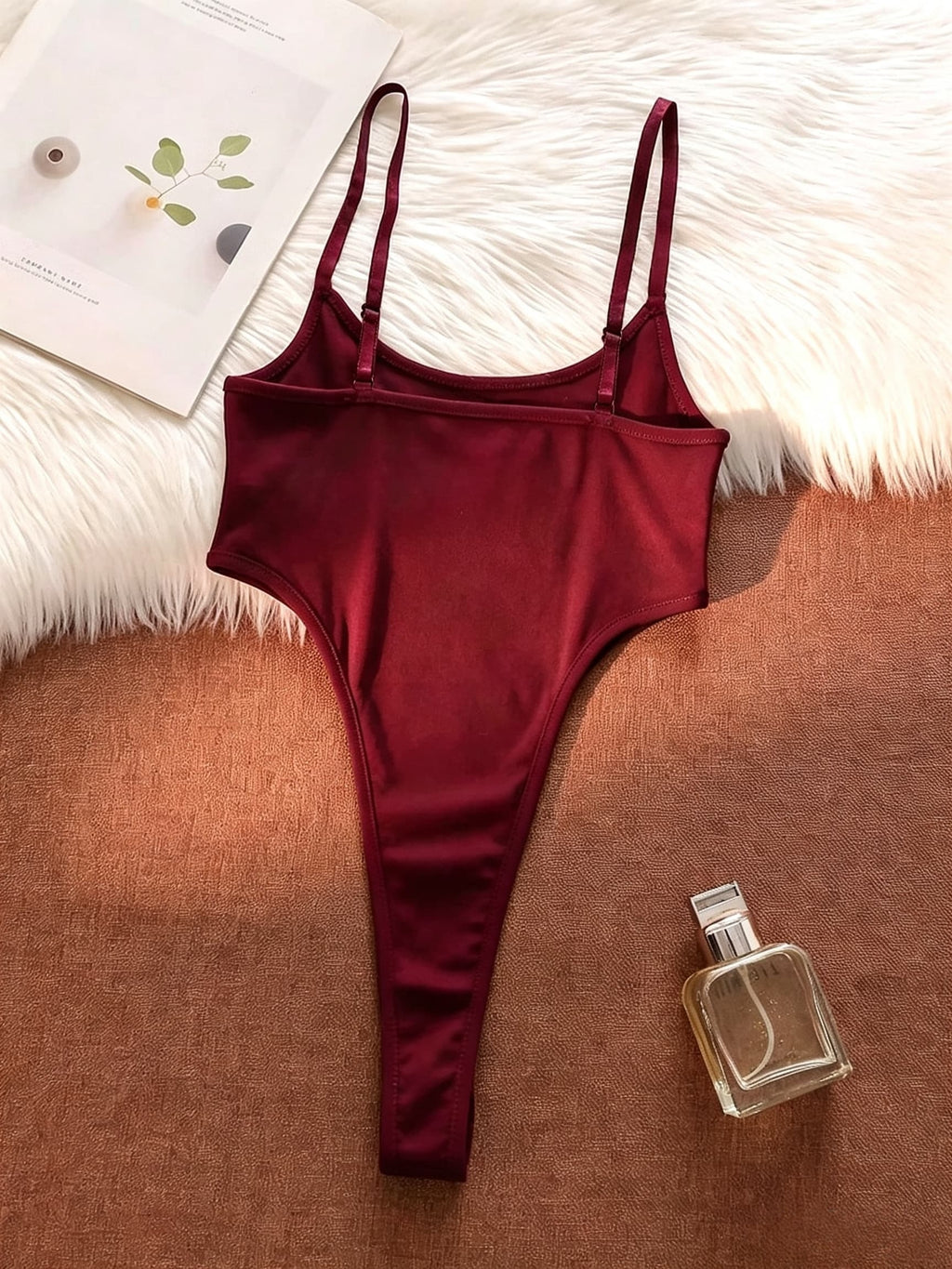 Women'S Fashion Bodycon Top, Adjustable Straps, Thin Strap Jumpsuit, Inner Wear Jumpsuit, Outer Wear, Stretchy Comfortable Breathable Fitted Women'S Clothing, Casual Outing, Date Party All-Match Outfit, Sleeveless Jumpsuit - Burgundy