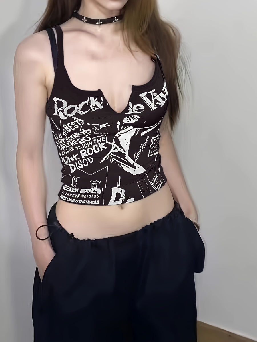 Women'S Summer Punk Print Crop Top with Stretchy Fabric, Perfect for Layering Or Wearing Alone - Black