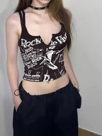 Women'S Summer Punk Print Crop Top with Stretchy Fabric, Perfect for Layering Or Wearing Alone - Black