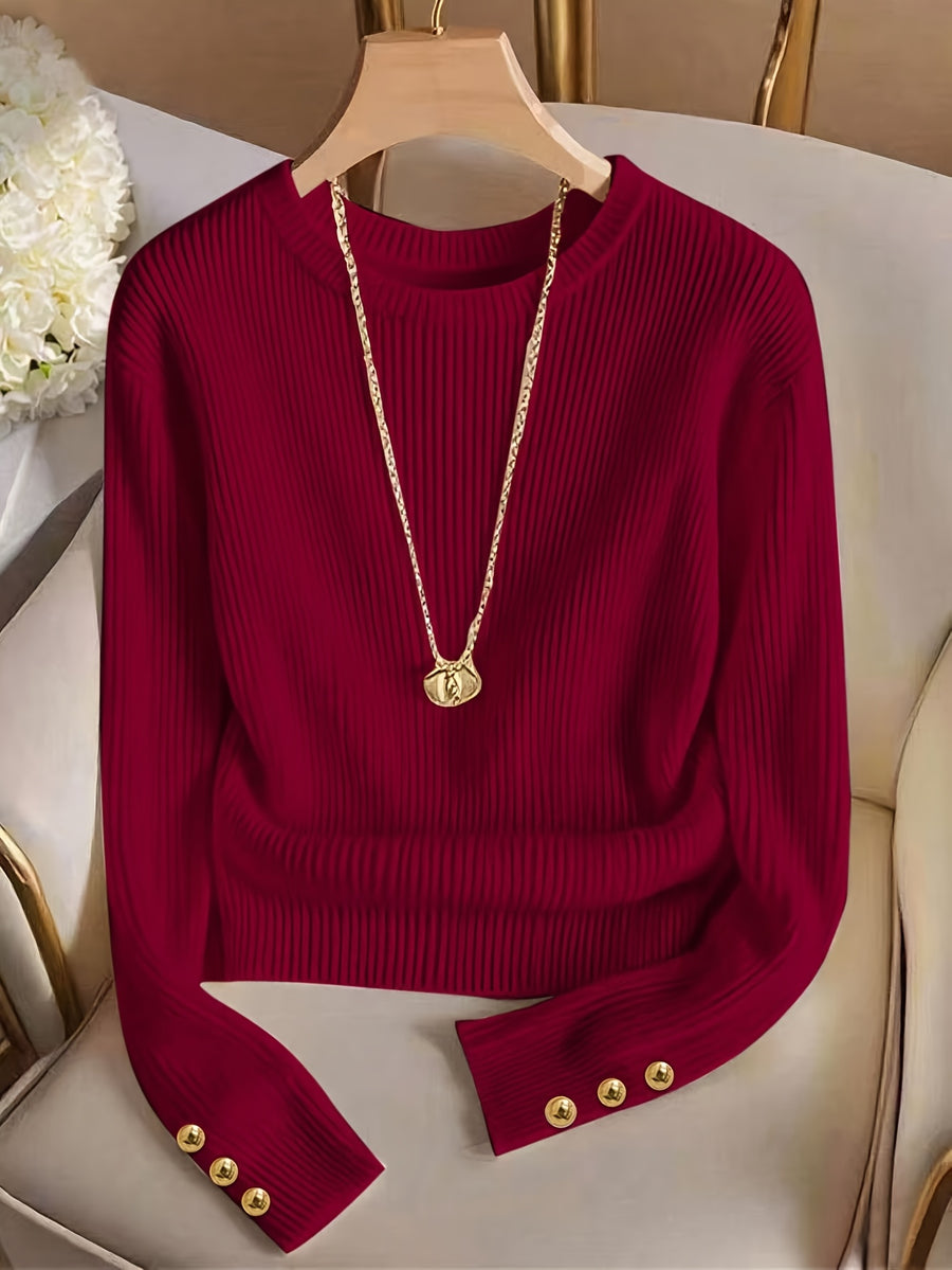 Women's Solid Color Elegant Round Neck Metal Button Decor Long Sleeve T-Shirt, Simple Fashion Top, Dignified and Delicate, Suitable for Spring and Autumn, Vintage Fashion, Elegant Commute, for Daily Wear, Office Wear, Party, Wedding, Holiday Wear - Red