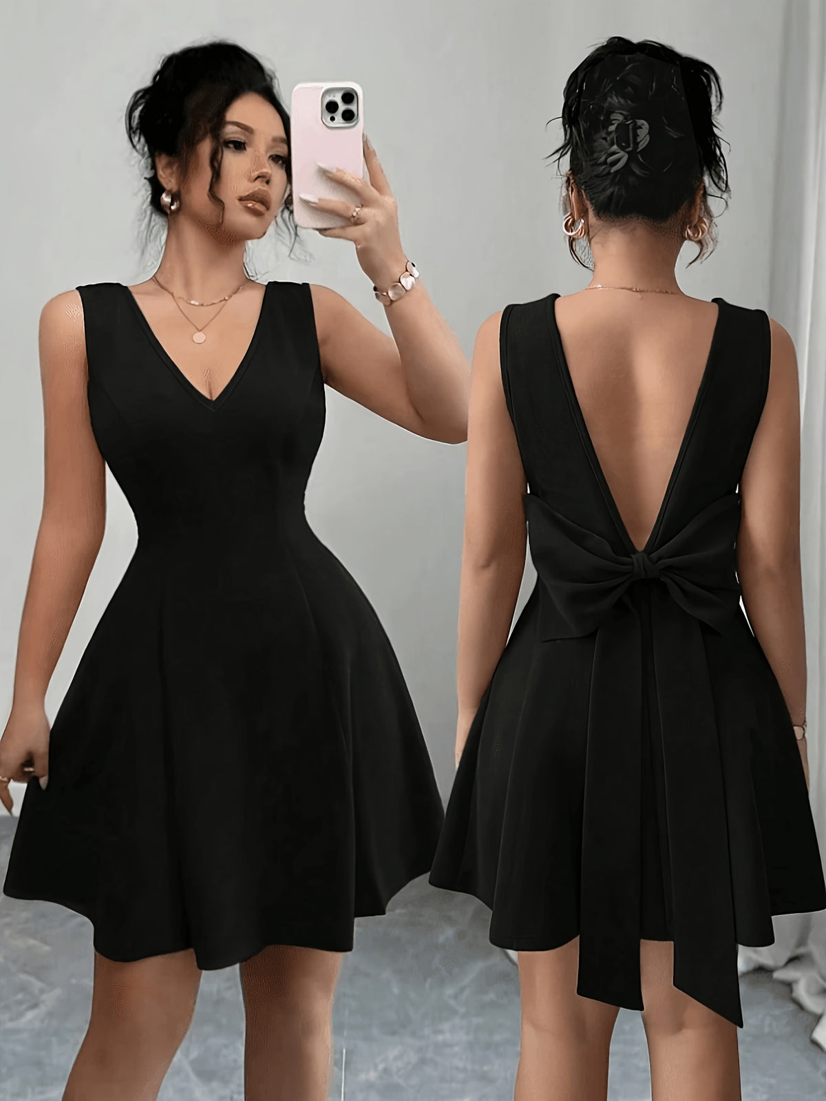 New Elegant and Sexy V-neck Backless Slim-fit Bridesmaid Dress, Featuring a Bow at the Waist, in a Luxurious European Style, Suitable for Independence Day and Holiday Wear - Black