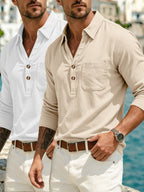 2pcs Men'S Premium Soft Fabric Long Sleeve Shirts Unique Deep V-Neck Collar Versatile Casual Style Regular Fit Fall Top for Commute Leisure And Vacation - White Khaki