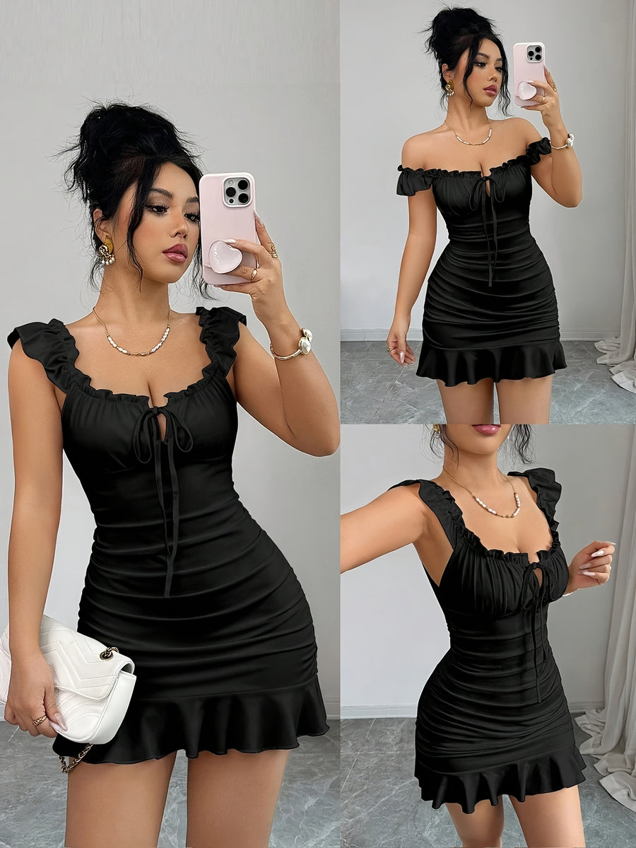 Women'S Vintage Ruffled Hem Fitted A-Line Dress, Elegant Sexy French Waist-Cinching Tight Summer Dress - Black