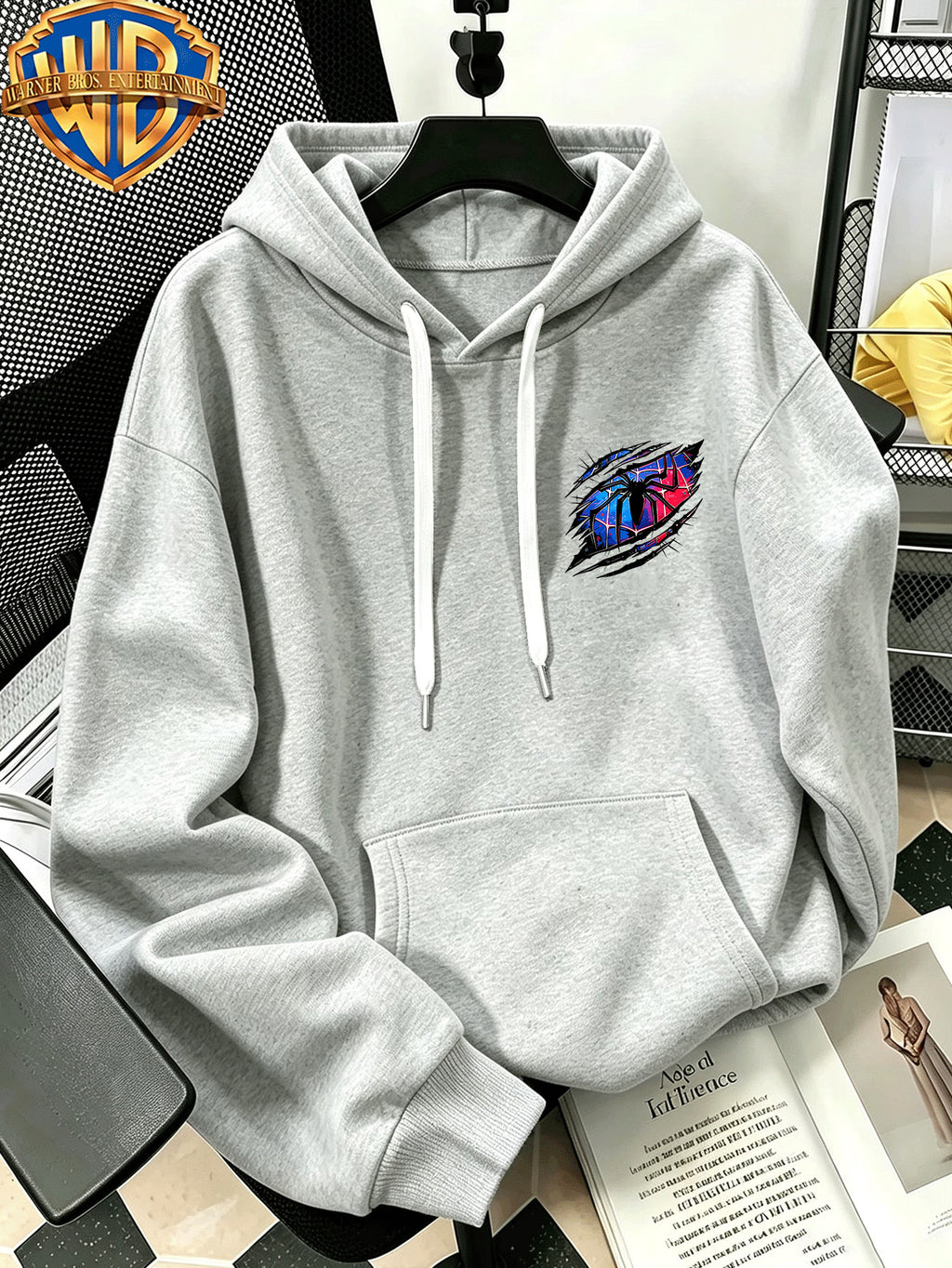 Warner Bros Official Autumn/Winter Casual Sporty Loose Hooded Sweatshirt, Red and Blue Ripped Claw Mark Spiderweb Trendy Cool Vintage Print, Men's Casual Versatile Adjustable Drawstring Sweatshirt, Comfortable and Casual Autumn/Winter Apparel - Light Grey