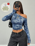 Women'S Top, Casual Wear Stretchy Comfortable Asymmetrical Neck Long Sleeve Blouse - Sky Blue