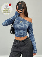 Women'S Top, Casual Wear Stretchy Comfortable Asymmetrical Neck Long Sleeve Blouse - Sky Blue