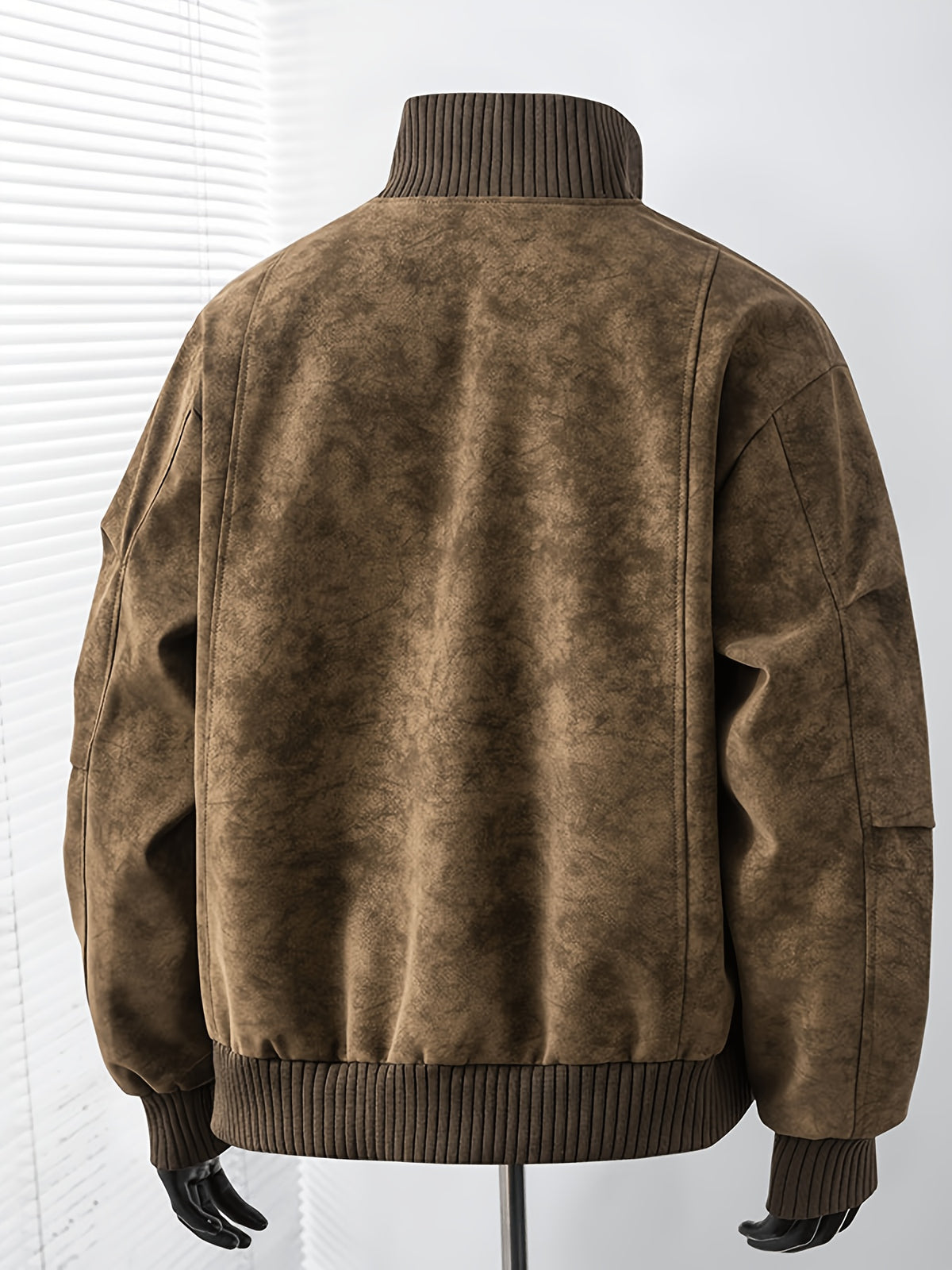 Men's Vintage Jacket, High Collar Ribbed Zipper American Casual Distressed Short Men's Jacket, Suitable for Daily Work Wear. - Coffee Color