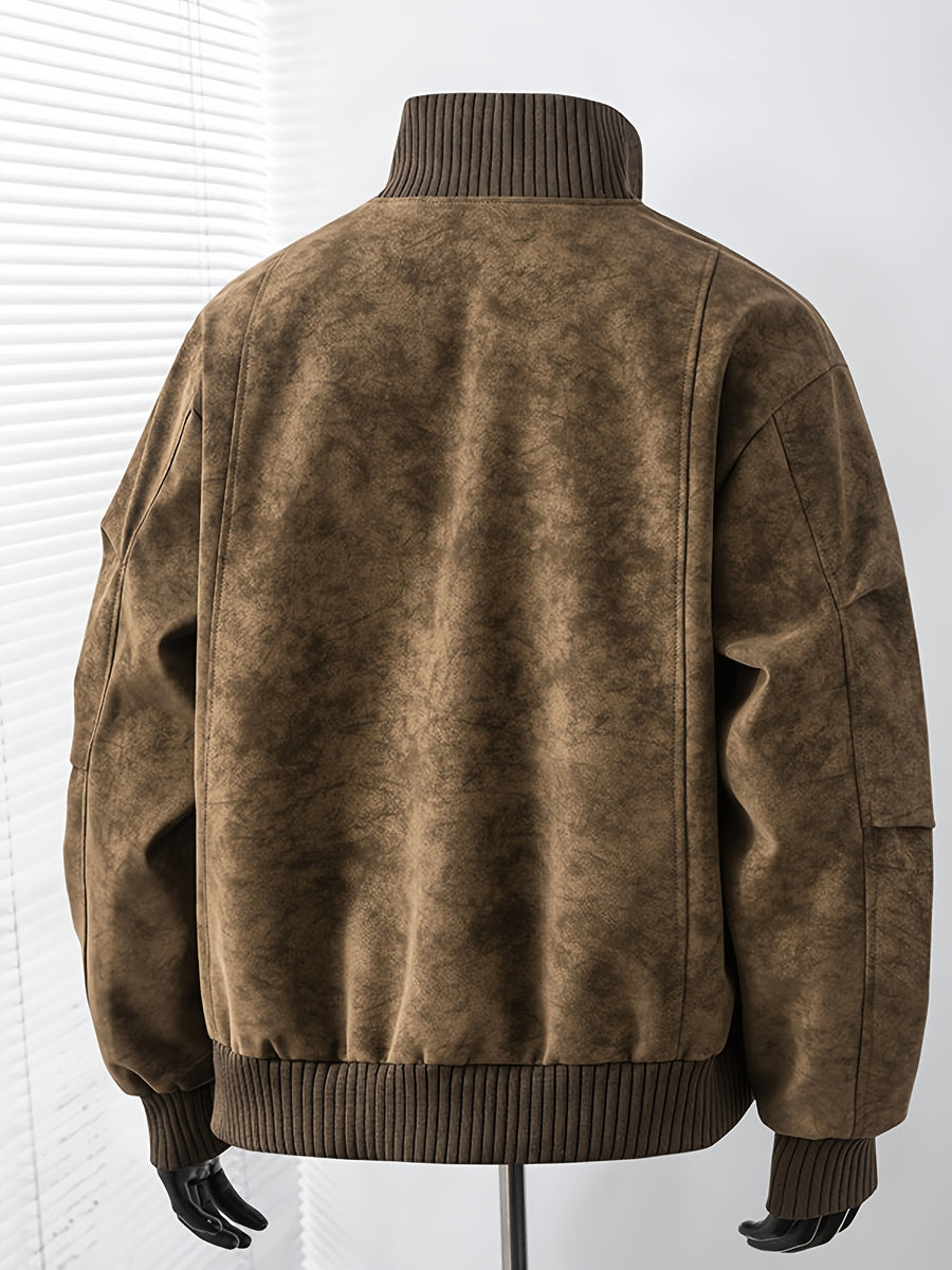 Men'S Vintage Jacket, High Collar Ribbed Zipper American Casual Distressed Short Jacket, Suitable for Daily Work Wear - Coffee Color