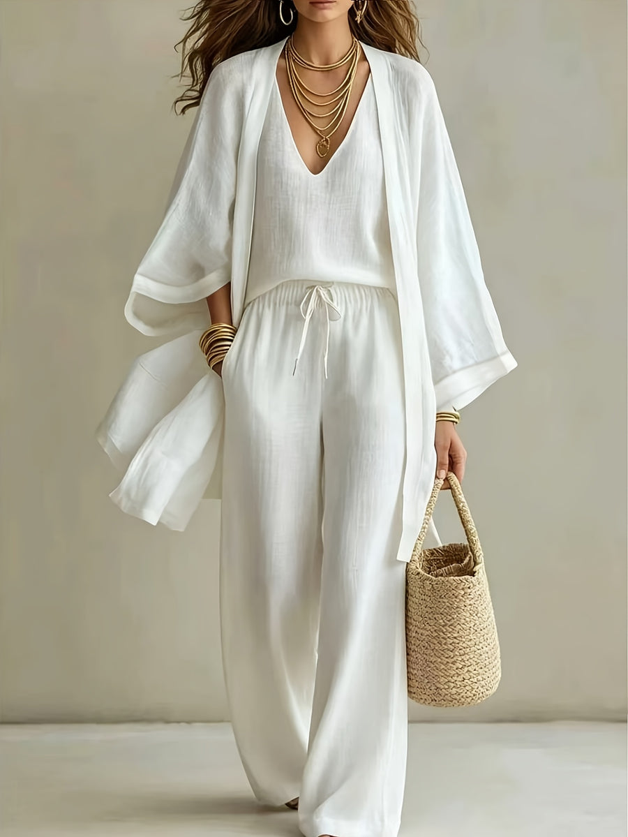 3pcs Set, Women's Spring/summer Vacation-style Loose Spaghetti Strap Tank Top with Cardigan and Loose Wide-leg Pants Casual Set, Elegant and Fashionable, Comfortable and Casual, Suitable for Commuting Wear - White