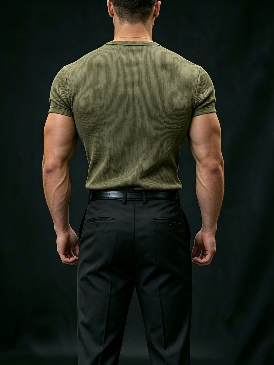 American Vintage Henley Knit Short Sleeve Top, Men'S Slim Fit T-Shirt, Square Shoulder Cut Enhances Shoulder Lines, Vertical Striped Elastic Fabric Moisture-Wicking And Breathable, Suitable for Commuting Office, Fitness Training, Travel Vacation - Military Green