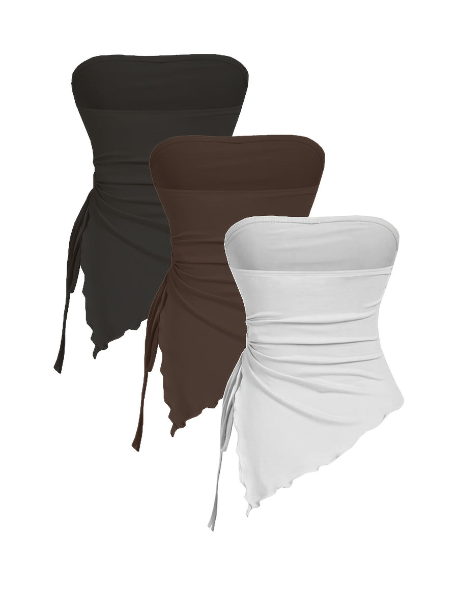 Women'S 3-Pack Strapless Top Drawstring Side Ruched Asymmetrical Tube Tops - Black/Brown/White
