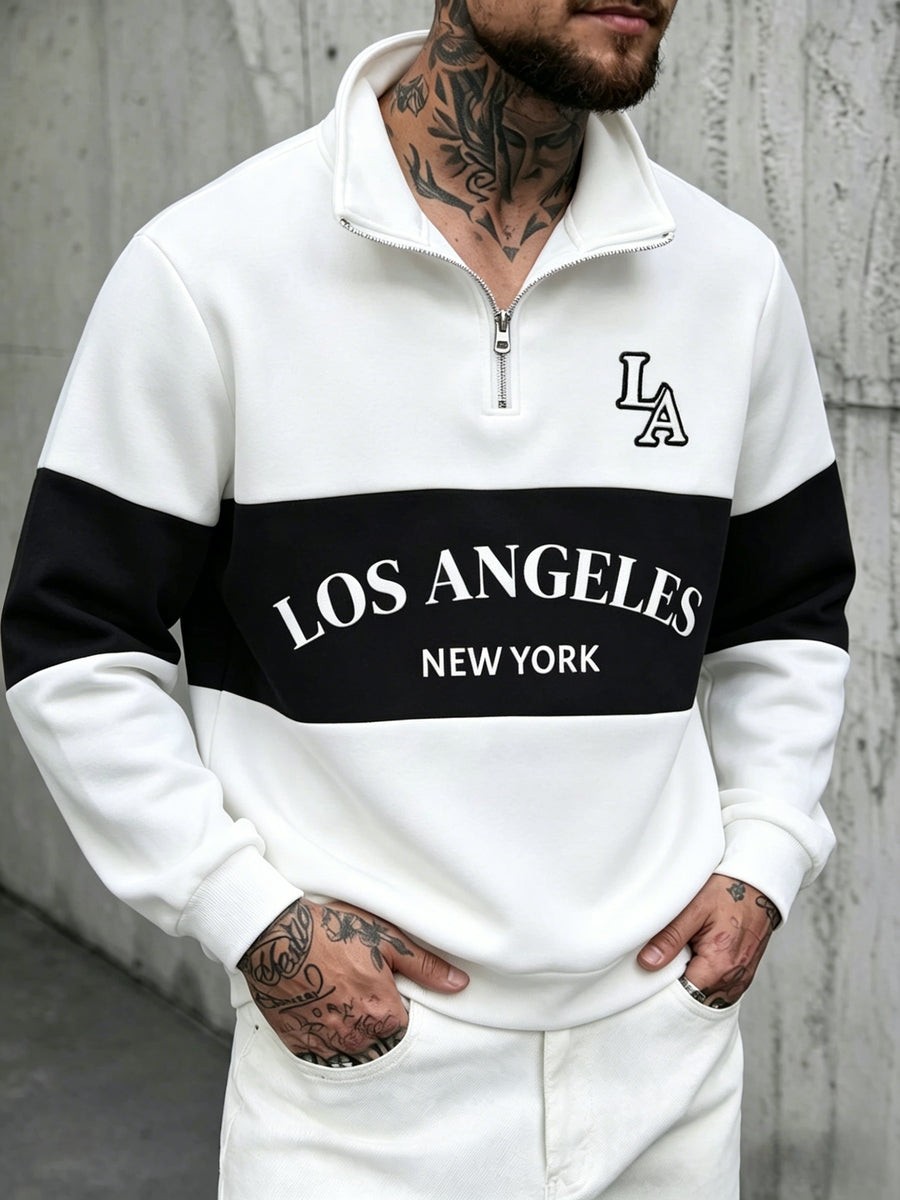 [Shule Water OBM] Spring Men'S Color-Block Letter Print Half-Zip Sweatshirt - Milky
