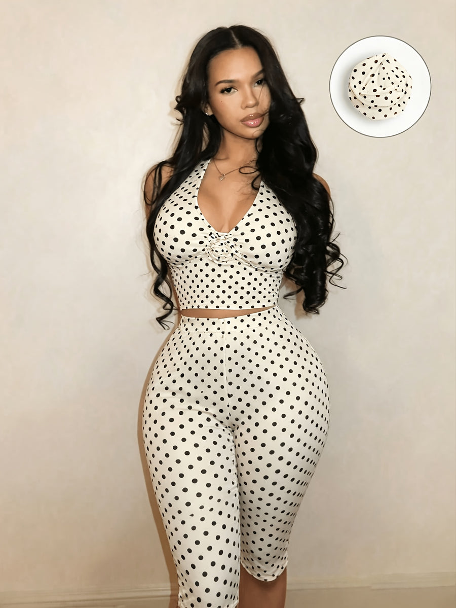 Fashionable Women's Sexy Black and White Polka Dot Halter Neck Set - Apricot