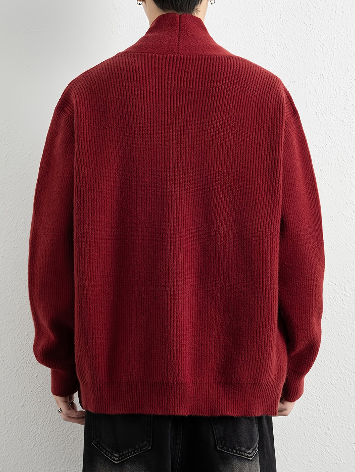 1pc Men'S Pit-Stripe Knit Cardigan, Irregular Diagonal Button V-Neck Design Loose Casual Fall Winter Off-Shoulder Fit Daily Commute Outerwear Sweater Jacket - Red