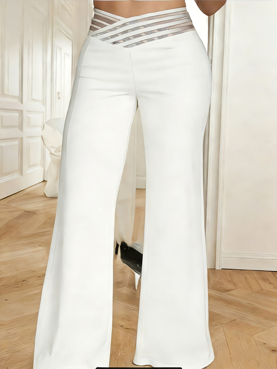 Women'S Crossed Waist Straight Leg Pants, Mesh Waistband Design, Solid Color Slightly Elastic Casual Trousers Suitable for Travel And Dates - White