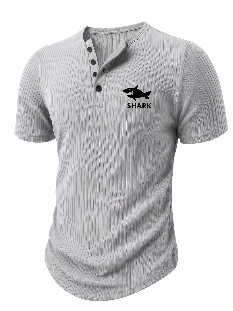 Men'S Ribbed Texture Henley Short Sleeve, All-Over Print Summer Slim Fit Casual T-Shirt - Gray 10
