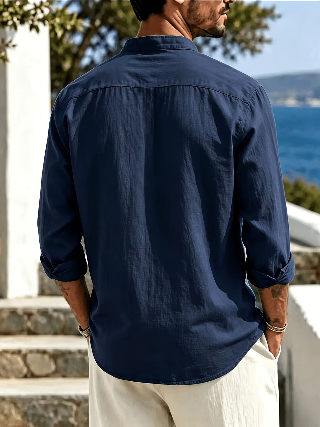 Men's Cool Long Sleeve Stand Collar Shirt, Loose Fit Lightweight Casual Blouse, Versatile Outerwear Top, Ideal for Autumn Daily Wear - Navy Color