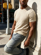 Classic Round Neck Cable Knit T-Shirt, Men'S Spring Summer Vintage Texture Top, Cable Twist Pattern Design, Breaking Pure Color Monotony, Suitable for Friends' Gatherings, Outdoor Camping, Casual Dates, Daily Strolls - Apricot