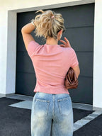 Solid Color Slim-Fit Short Sleeve Women's Single-Breasted Ribbed Waist-Cinching Everyday Versatile Commuter Hot Cardigan T-Shirt - pink