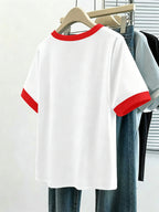 A Spring/summer Casual Loose-fitting T-shirt That Conceals Curves, Featuring a Versatile Color-blocked Round Neck and Short Sleeves, with a Simple and Stylish London Flag Letter Print Pattern. Women's Clothing - D374-L17570 - White Red