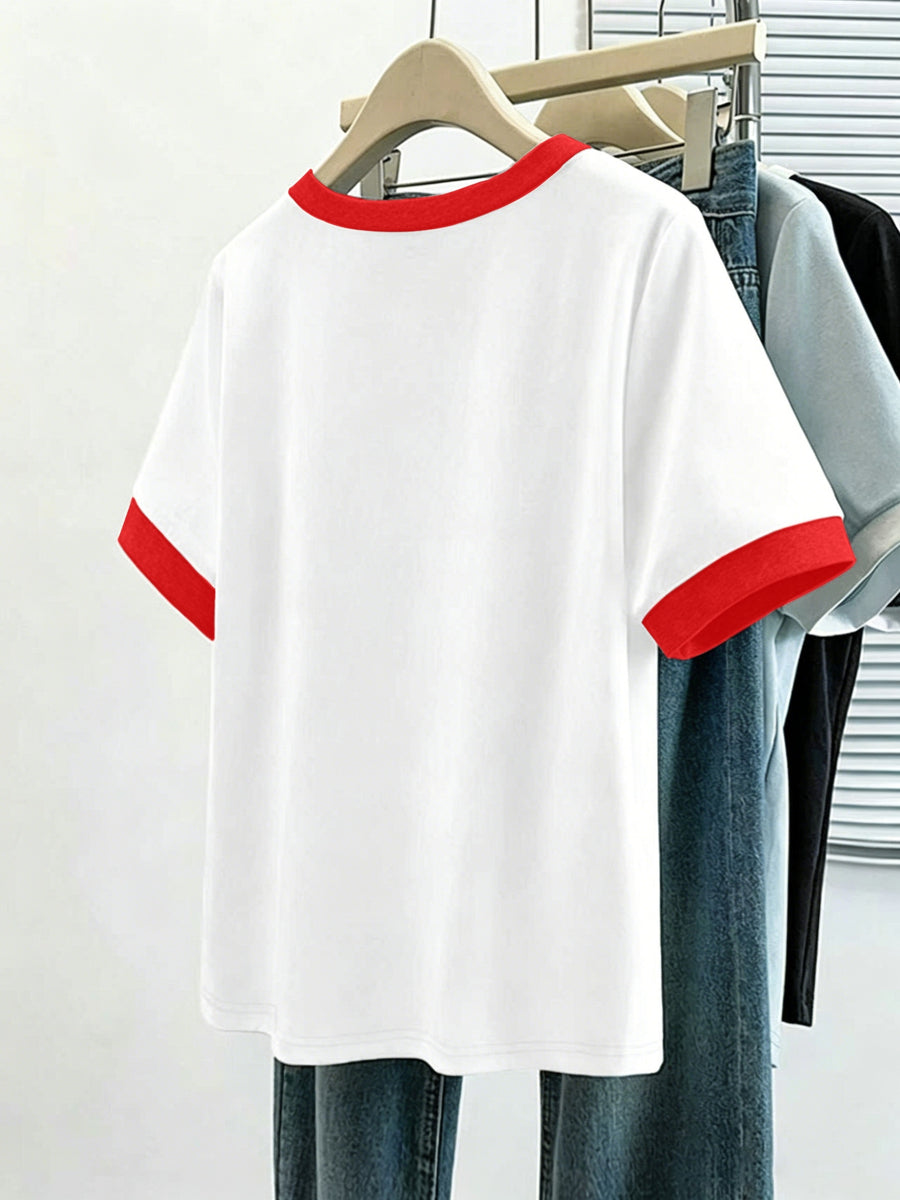 A Spring/summer Casual Loose-fitting T-shirt That Conceals Curves, Featuring a Versatile Color-blocked Round Neck and Short Sleeves, with a Simple and Stylish London Flag Letter Print Pattern. Women's Clothing - D374-L17570 - White Red