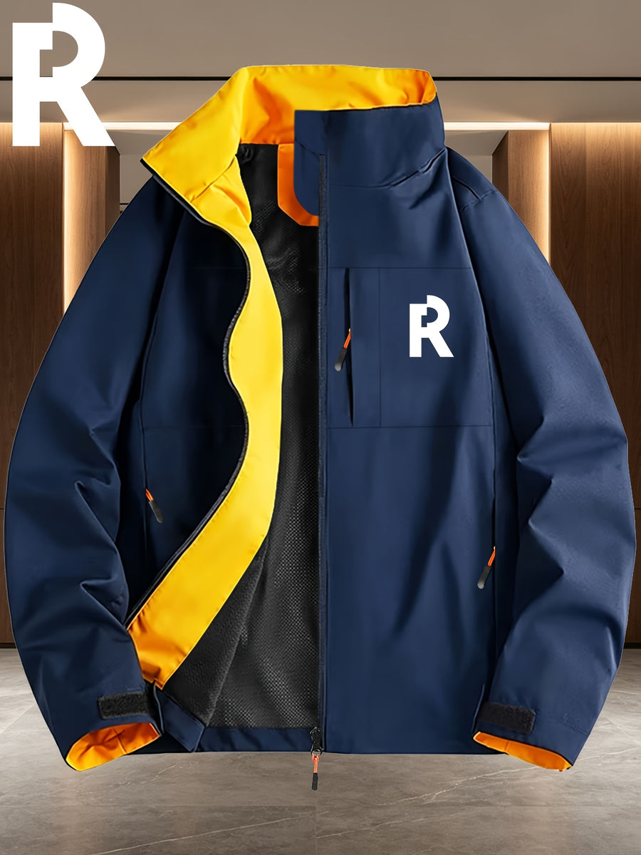 Simple Large "R" Letter Navy Blue Lined White Full-Zip Stand Collar Windproof Jacket for Men and Women, Spring/Autumn Multi-Pocket Trendy Casual Outdoor Windbreaker - Navy Color