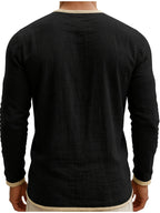 Men'S Retro Color Block Casual Henley Crewneck T-Shirt in Linen, Vintage T-Shirt for Men - Black