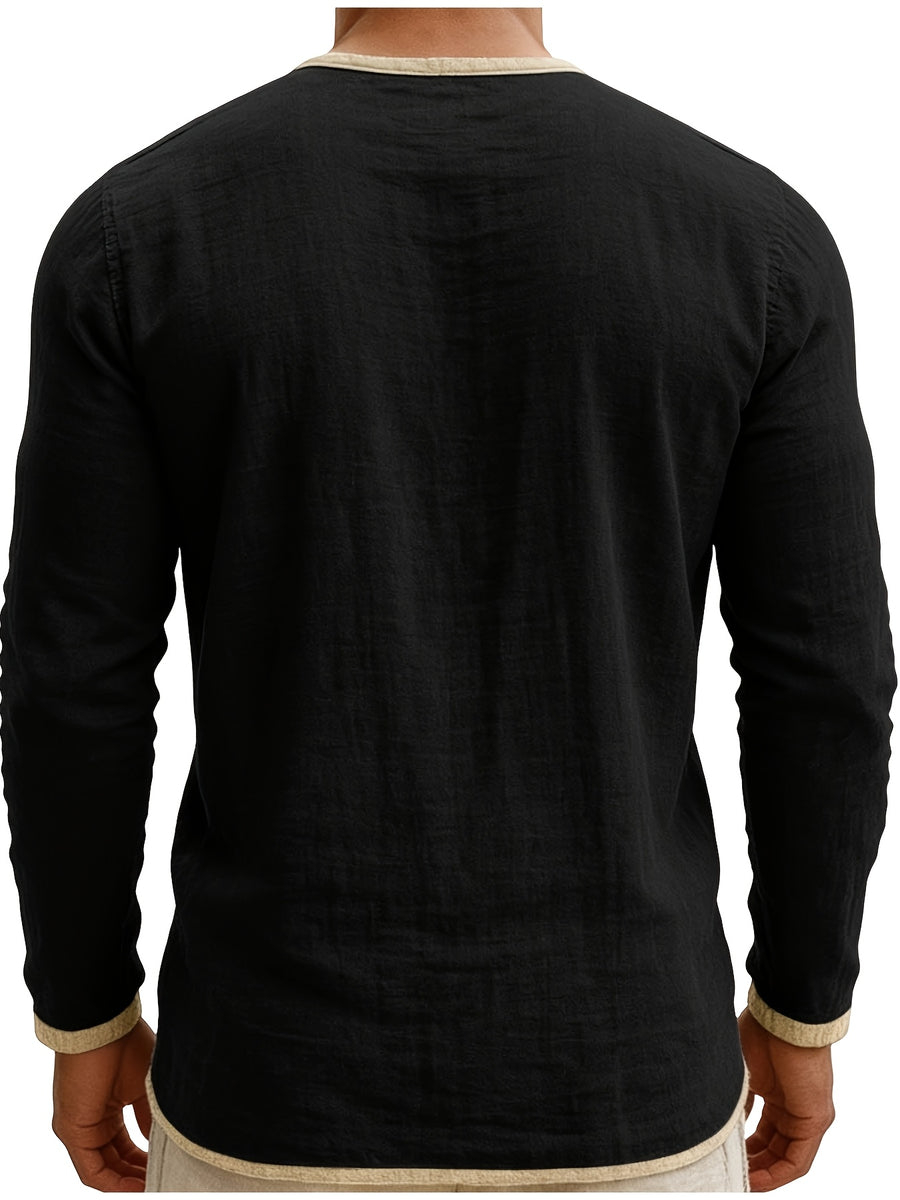 Men'S Retro Color Block Casual Henley Crewneck T-Shirt in Linen, Vintage T-Shirt for Men - Black