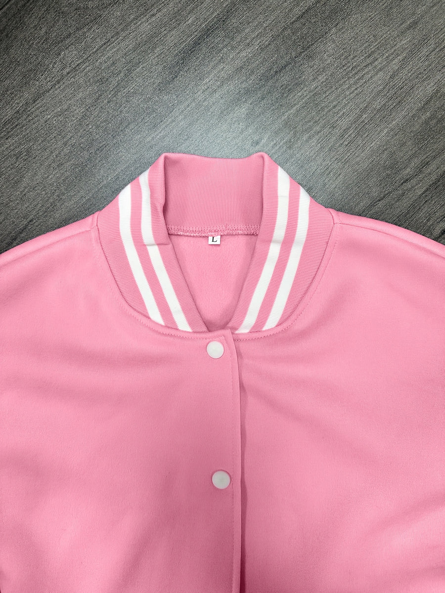 Women'S Black And White Contrast Baseball Jacket, A Letter Pattern Printed Jacket - Pink And White