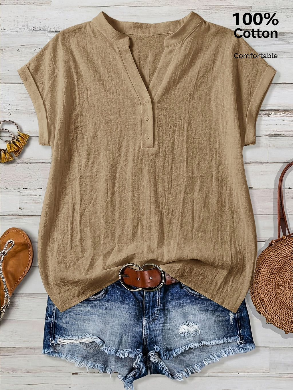 100% Short Sleeve Shirt, Casual Vacation Wear for Summer, V-Neck Design, Country Style Clothing for Women, Suitable for All Occasions, Ideal Choice for Holidays - Khaki