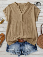 100% Short Sleeve Shirt, Casual Vacation Wear for Summer, V-Neck Design, Country Style Clothing for Women, Suitable for All Occasions, Ideal Choice for Holidays - Khaki