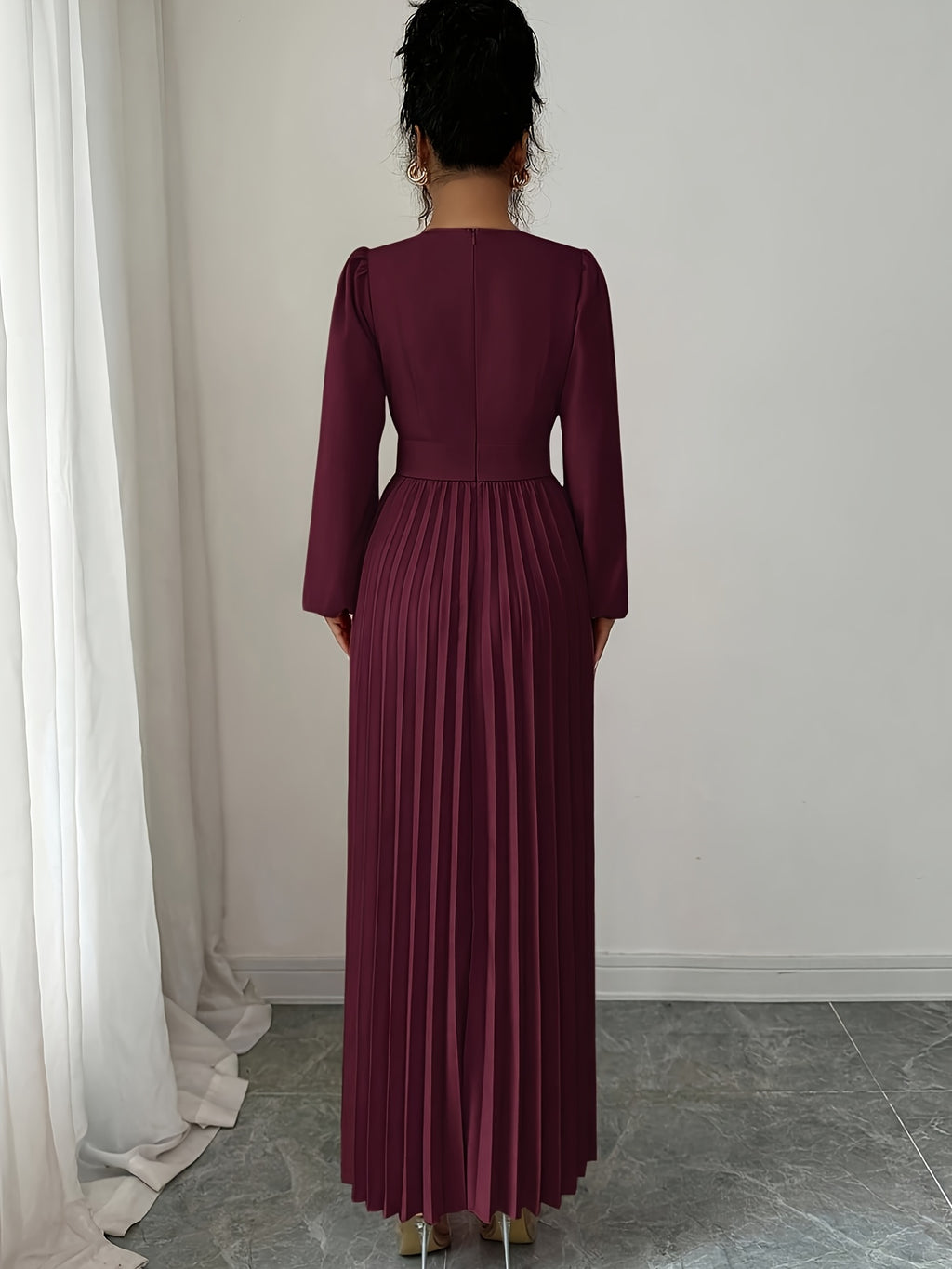 Solid Color V-Neck Long Sleeve Draped Hem Elegant Maxi Dress - Burgundy