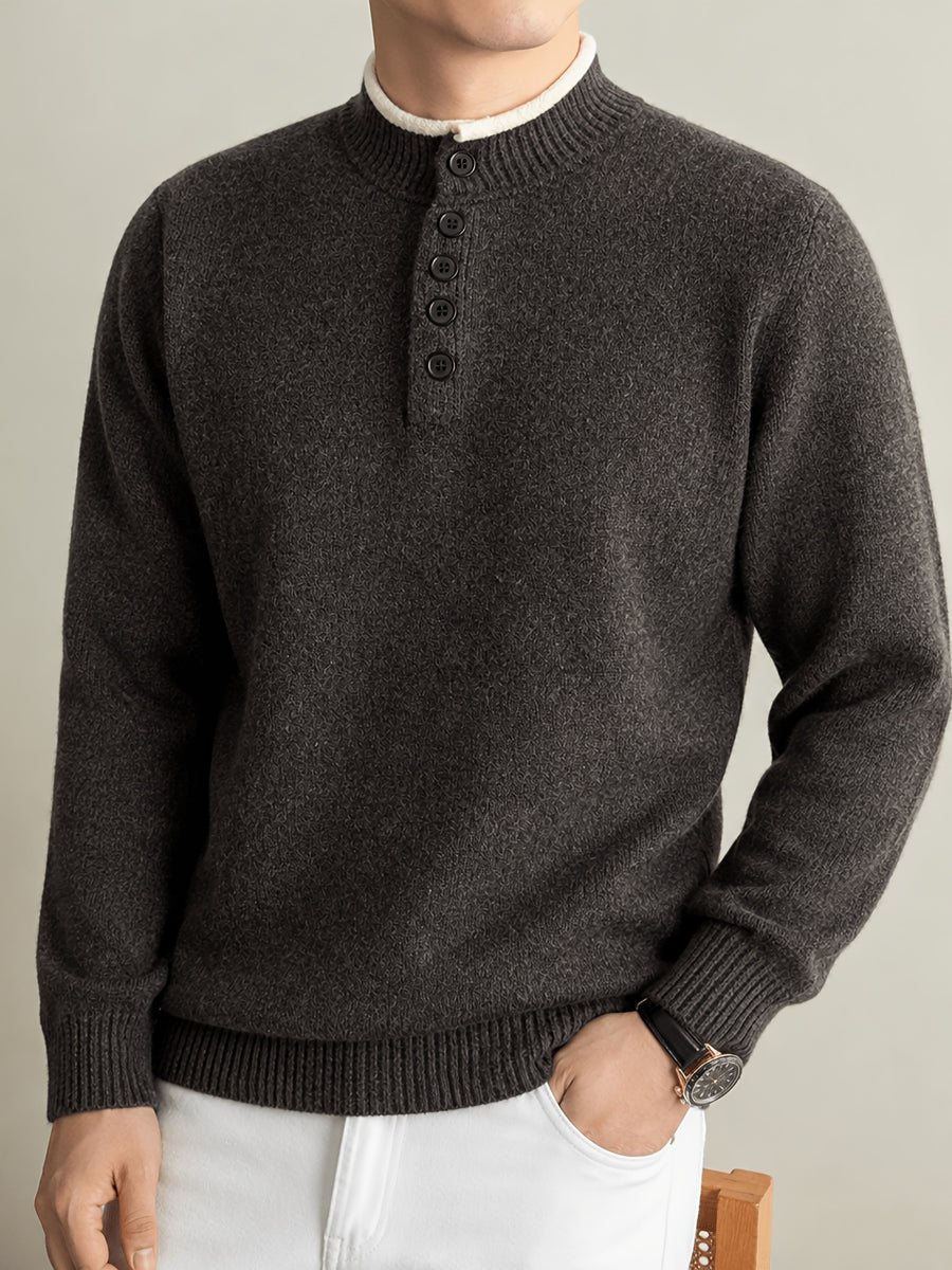 Du Jing Lan OBM Spring/Autumn New Arrival Men's Knit Pullover, Old Money Style Contrast Color Striped Half-Open Placket Stand Collar Knit Pullover, Men's Business Casual Fashion Knit Pullover, Suitable for Layering or Wearing as an Inner Layer - Coffee Color
