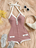 Summer Limited Edition Vintage Red and White Striped Contrast Color Heart Metal Buckle Decorated Strappy Jumpsuit - Mixed colors