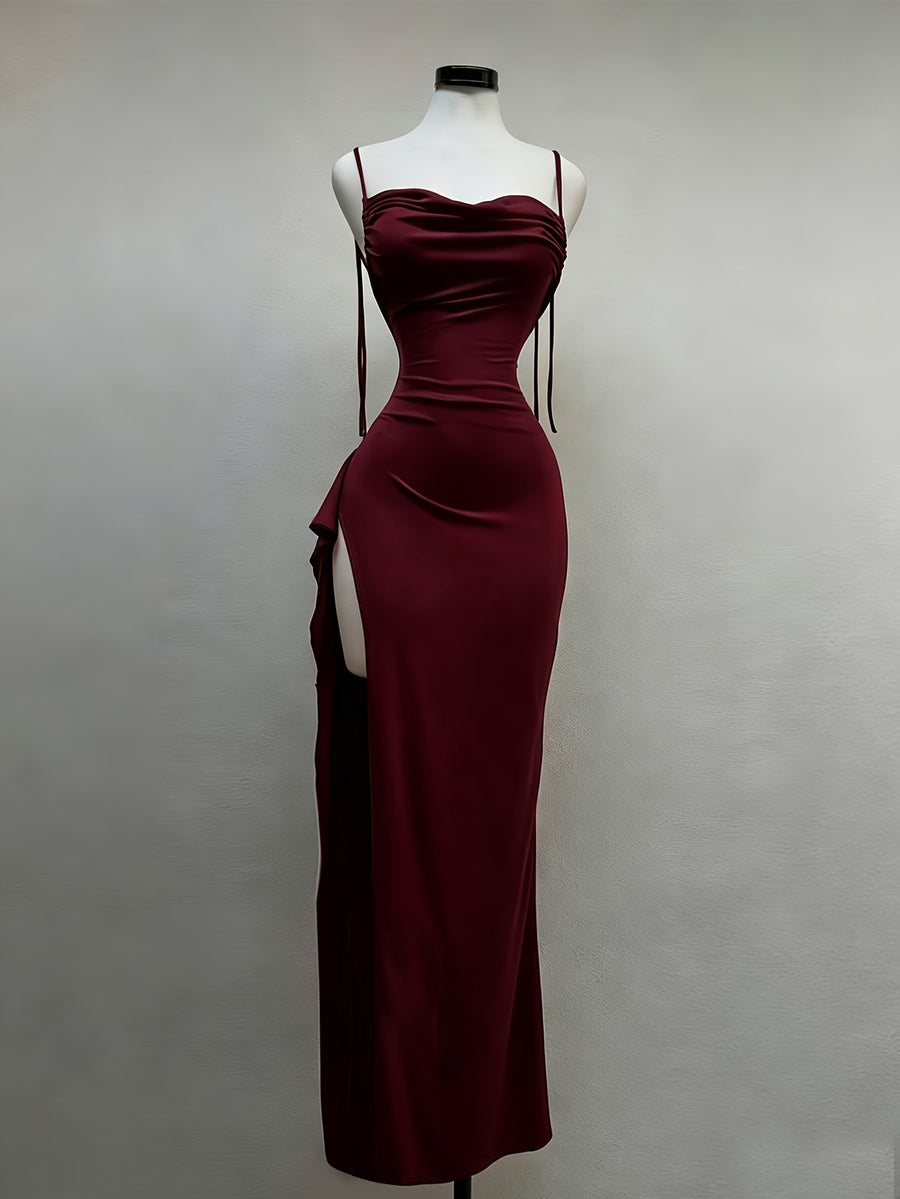 Women's Sexy Solid Color Side Slit Ruffle Hem Backless Camisole Maxi Dress - Burgundy