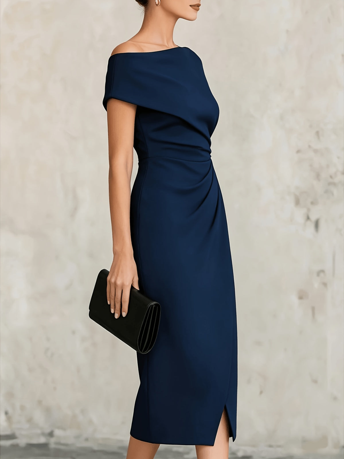 ST26047 One-Shoulder Waist-Cinching Pleated Dress Banquet Commute Slit Evening Dress - Navy Color