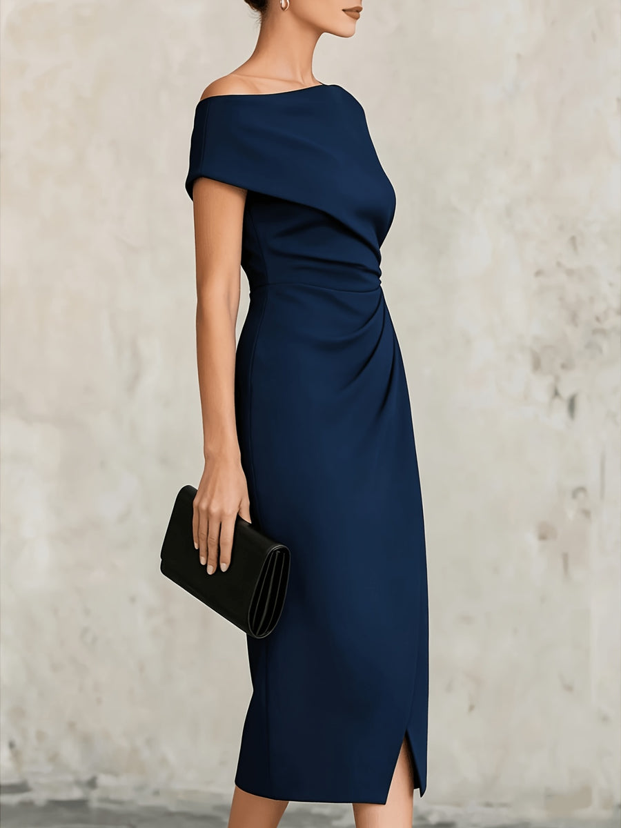 ST26047 One-Shoulder Waist-Cinching Pleated Dress Banquet Commute Slit Evening Dress - Navy Color