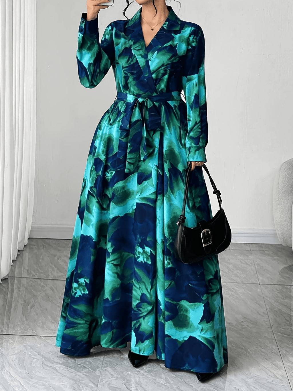Plus Size Women'S New Elegant Lapel Long Sleeve Waist-Cinching Printed Dress, Casual Fashion Suitable for Parties, Daily Commute, And Dates - Mixed colors