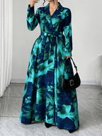 Plus Size Women'S New Elegant Lapel Long Sleeve Waist-Cinching Printed Dress, Casual Fashion Suitable for Parties, Daily Commute, And Dates - Mixed colors