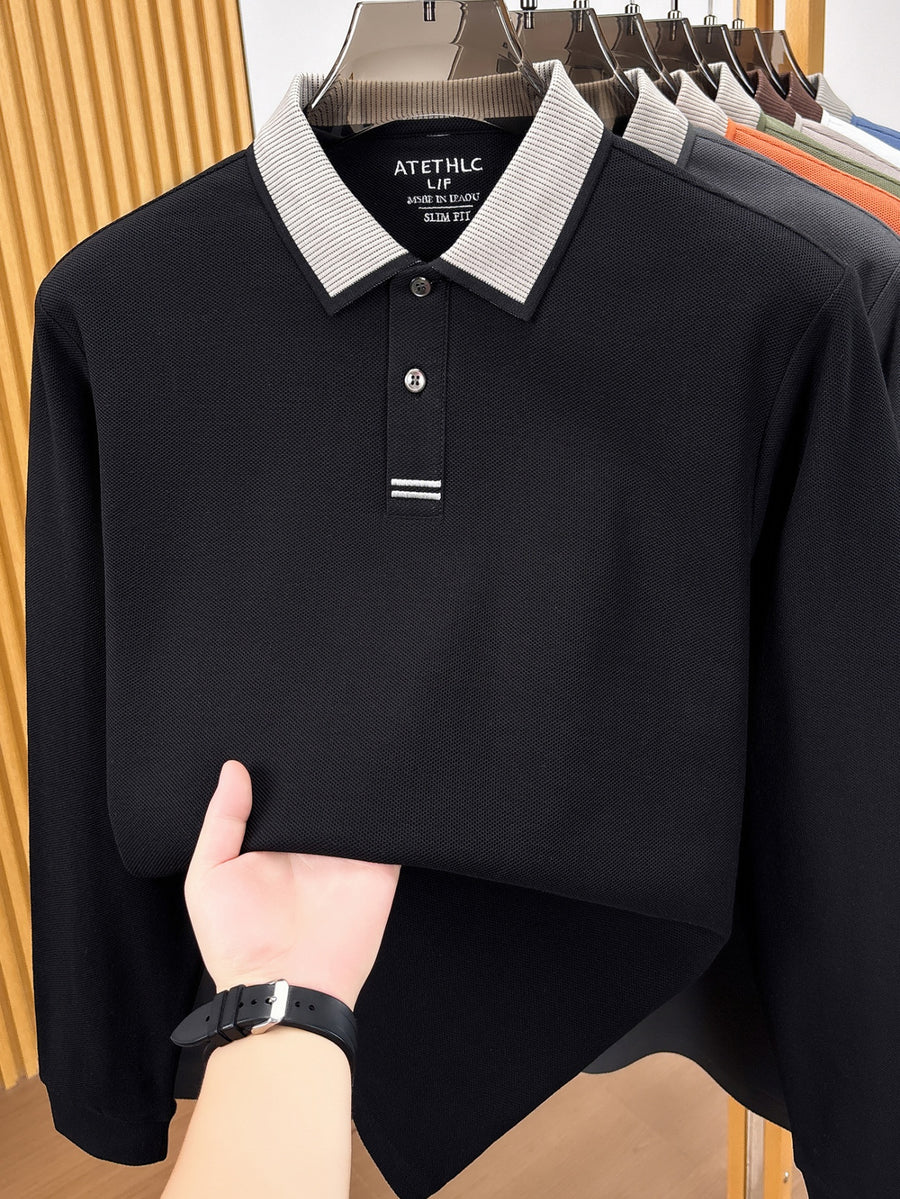 Men's Clothing Christmas Gift Father's Day Golf Fishing Tennis Casual Long Sleeve Polo Shirt Long Sleeve T Shirt New Spring Autumn Middle Aged Men Cotton Lapel Polo Shirt Pique Plain Weave Business Casual Top for Men - Black