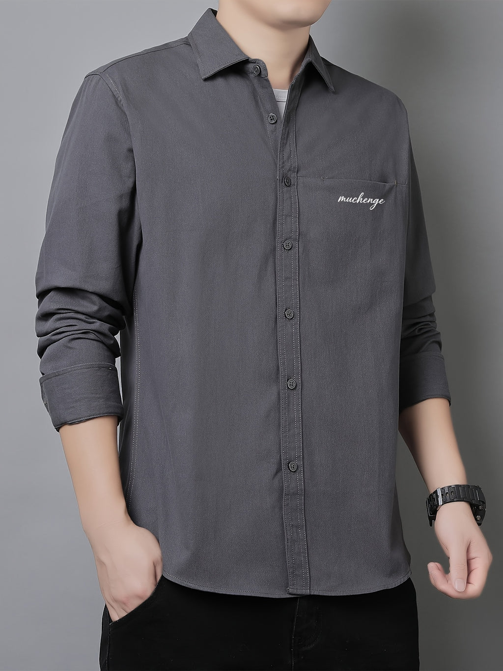 Men'S Long Sleeve Shirt with Lapel, Easy Letter Print Solid Color Hidden Single Pocket Casual Shirt, Washed Breathable Fabric, Spring/Autumn Commute Daily Wear Men'S Top, Inner And Outer Wear Multi-Color Available - Grey