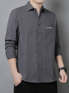 Men'S Long Sleeve Shirt with Lapel, Easy Letter Print Solid Color Hidden Single Pocket Casual Shirt, Washed Breathable Fabric, Spring/Autumn Commute Daily Wear Men'S Top, Inner And Outer Wear Multi-Color Available - Grey